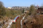 Vor der Stadtkulisse von Remscheid kämpft sich 628 503 als RB 30752 (Solingen - Wuppertal) die Steigung zwischen Güldenwerth und Hauptbahnhof hinauf. (22.03.2013) <i>Foto: Wolfgang Bügel</i>