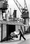 Kautschukverladung vom Überseeschiff auf die Bahn im Hamburger Hafen. (1953) <i>Foto: Walter Hollnagel</i>