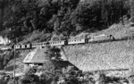 E 244 22 auf der mit 20 kV und 50 Hertz von der üblichen Fahrdrahtspannung abweichend elektrifizierten Höllentalbahn vor P 1573 bei Buchenbach im Schwarzwald. (13.08.1952) <i>Foto: Carl Bellingrodt</i>