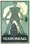 In typisch zeigenössischer Darstellung eines vor Kraft strotzenden Arbeiters präsentiert sich diese HANOMAG-Werbeanzeige. (1930) <i>Foto: Hanomag, Slg. Johannes Glöckner</i>