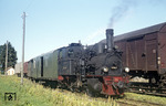99 7202 rangiert im Bahnhof Krumbach der knapp 28 km langen baden-württembergischen Schmalspurbahn von Mosbach nach Mudau. (1962) <i>Foto: Robin Fell</i>