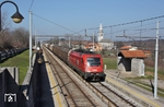 ÖBB 1216 145 mit einem Güterzug in Richtung Koper bei der Durchfahrt in Povir. (09.03.2014) <i>Foto: Stefan Jurasovits   </i>