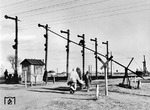 Mit einem einfachen Schlagbaum wurde dieser Bahnübergang in der Ukraine gesichert. Vorbildlich dagegen die aufgestellte Reihe der (neuen) deutschen Ausfahrsignale. (1943) <i>Foto: Walter Hollnagel</i>