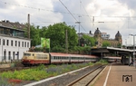 Den einzigen Halt zwischen Dortmund und Köln hatte der umgeleitete IC 119 in Wuppertal Hbf, dessen Bahnhof 103 113 hier gerade verlassen hat. (14.06.2014) <i>Foto: Wolfgang Bügel</i>