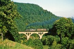 Das Sommersdorfer Viadukt war die erste Fotomöglichkeit nach dem Sperrgebiet um Probstzella. Auf der 80 m langen Brücke bei Gebersdorf fährt 95 0025 mit P 18005 nach Sonneberg. (07.10.1978) <i>Foto: Wolfgang Bügel</i>