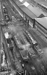 Blick vom Bekohlungskran auf die wassernehmenden Maschinen 01 1103, 03 127, 03 063 (v.l.n.r.) und weitere Loks der Baureihen 03 und 38.10. im Bw Hamburg-Altona. (1955) <i>Foto: Walter Hollnagel</i>