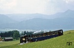 ÖBB 999.104 auf der 1000 mm Schafbergbahn auf dem Weg von St. Wolfgang am Wolfgangsee auf den 1782 m hohen Schafberg. (17.08.1984) <i>Foto: Joachim Bügel</i>