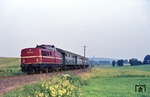 280 001 mit einem Personenzug bei Eyrichshof auf der Strecke (Bamberg-) Breitengüßbach - Maroldsweisach. (04.07.1977) <i>Foto: Peter Schiffer</i>