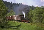 99 1561 mit einem Güterzug auf der Strecke Wolkenstein - Jöhstadt bei Niederschmiedeberg, dessen Fracht aus dem dortigen Kühlschrankwerk für Westdevisen sorgte. (30.05.1978) <i>Foto: Steward Blencowe</i>