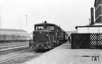 Lok 6 der Krefelder Eisenbahn (KREVAG) mit einem Sonderzug in Krefeld-Nord. Die Lok wurde 1963 von Jung hergestellt und am 31.12.1978 ausgemustert. Am 26.01.1979 wurde sie an die Fa. Jung zurückgegeben und von dort an die Hafenbahn Genua/Italien verkauft. (04.09.1971) <i>Foto: Johannes Glöckner</i>