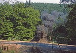 Hinter Alexisbad räuchert 99 5901 mit P 14452 nach Harzgerode durch den Harz und überquert dabei die Fernstraße 242. (01.06.1979) <i>Foto: Joachim Bügel</i>