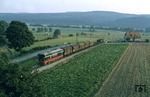Die frühere Henschel/Siemens-Versuchslok DE 2000 (Baujahr 1962) mit einem Güterzug von Warstein nach Lippstadt auf der Westfälischen Landeseisenbahn (WLE) bei Belecke. (09.1975) <i>Foto: Dieter Junker</i>