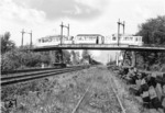 Kreuzung Schiene / Straßenbahn im Bahnhof Immigrath (Strecke Gremberg - Duisburg-Wedau). (05.1955) <i>Foto: Werner Stock (Archiv Kenning)</i>