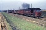 Bei Böhla röhrt die 1967 von der sowjetischen Lokomotivfabrik Lugansk gebaute 120 271 mit einem Güterzug nach Dresden vorbei. (10.03.1977) <i>Foto: Peter Schiffer</i>