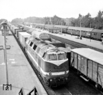 DR 118 006 wurde im April 1963 als V 180 006 in Dienst gestellt. Hier fährt sie mit einem Containerzug durch den Bahnhof Berlin-Schönefeld Flughafen. (07.1973) <i>Foto: Erich Preuß</i>