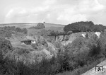 99 7204 mit einem GmP nach Mosbach auf dem Bieberklingenviadukt über den Stehbach bei der Lohrbacher Mühle.  (08.1963) <i>Foto: Walter Eckard</i>