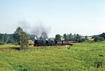 Die damals noch ölgefeuerten 99 0239 und 99 0231 mit einem Güterzug bei Stiege. (08.09.1980) <i>Foto: Wolfgang Bügel</i>