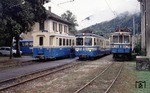 Zugkreuzung zweier Schnellzüge im Bahnhof Re auf der Società subalpina di imprese ferroviarie (SSIF). (29.09.1992) <i>Foto: Ulrich Neumann</i>
