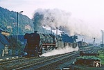 Frühmorgens dampft 44 0305 (ex 44 1305, Oberschlesische Lokomotivwerke AG Kattowitz, Werk Krenau, Baujahr 1943) mit Dg 55443 durch Dornburg. (09.10.1980) <i>Foto: Joachim Bügel</i>