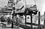Ein Büssing-Bus wird zur Verschiffung in die Türkei im Hamburger Hafen von einem Rungenwagen umgeladen. (1937) <i>Foto: Gustav Werbeck</i>