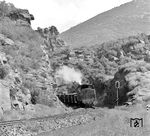Güterzug mit Lok 13 auf der 64 km langen meterspurigen Kohlebahn Ponferrada - Villablino bei Pradilla. (06.09.1972) <i>Foto: Johannes Glöckner</i>