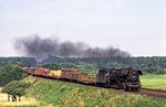 Mit einem Güterzug fährt die ölgefeuerte 44 0614 des Bw Eberswalde bei Chorin südwärts. (30.08.1979) <i>Foto: Robin Fell</i>