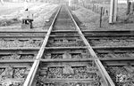 Interessante Schienenkreuzung zwischen der Dortmunder Straßenbahn und der zweigleisig elektrifizierten DB-Strecke bei Dortmund-Mengede. (30.10.1972) <i>Foto: Johannes Glöckner</i>