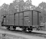 Nach dem 2. Weltkrieg kamen bei der BE noch sechs gedeckte Güterwagen der Bauart G10 im Binnenverkehr zum Einsatz. Fünf von ihnen sind museal erhalten geblieben. Hier steht der 1907 gebaute G 403 in Bentheim Nord. Im Juni 1983 wurde er abgestellt.  (10.1964) <i>Foto: Reinhard Todt</i>