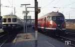 Neben 634 653 steht in Gleis 102 des Bahnhofs Kreiensen ein 613 als Eilzug nach Helmstedt. (01.03.1975) <i>Foto: Prof. Dr. Willi Hager</i>