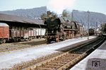 44 1481, erbaut von Schneider & Cie., Le Creusot/Frankreich und am 07.04.1943 beim Bw Gerstungen in Dienst gestellt, wurde 1957 zur Kohlenstaublok umgebaut. Hier setzt die Arnstädter Lok von einem Güterzug im Bahnhof Suhl ab. (1969) <i>Foto: Robin Fell</i>