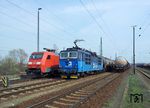 Diesmal hat sich zu 152 103 von DB Schenker Rail Deutschland, die tschechische 372 007 (Skoda, Baujahr 1991) gesellt, die im grenzüberschreitenden Verkehr aus Decin nach Leipzig-Engeldorf gekommen war. (05.04.2016) <i>Foto: Andreas Höfig</i>
