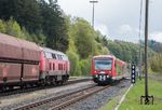 650 313 begegnet 218 002 (225 802) in Roßberg. (25.04.2016) <i>Foto: Joachim Schmidt</i>