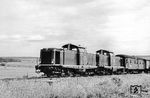 Zehn Lokomotiven der letzten Serie der V 100.20 (ab 1968: BR 212) erhielten verstärkte Bremsen und modifizierte Getriebe für den Einsatz auf Steilrampen. Diese ursprünglich als V 100 2332 bis 2341 eingereihten Loks (ab 1968: BR 213) lösten die Dampflokomotiven der Baureihen 82 und 94 auf der Murgtalbahn und im Westerwald ab. Hier sind zwei Maschinen (vorne V 100 2332) bei Freudenstadt unterwegs.  (1965) <i>Foto: Engels</i>