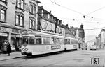 Vorort-Straßenbahnzug Triebwagen Lv 207 mit Beiwagen lv 1207 der Stadt Frankfurt a.M. an der Endhaltestelle in Bad Homburg. (09.1956) <i>Foto: Kurt Eckert</i>