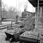 Die Kohlenvorräte in der Lokstation Aumühle. Der Dampf-Wendezugbetrieb endete hier zum Beginn des Winterfahrplans 1968/69. Damit endete auch die 44-jährige Geschichte der pr. T 18 in der BD Hamburg. Als letzte wurde 078 234 im Jahr 1969 zur BD Stuttgart abgegeben. (10.04.1967) <i>Foto: Detlev Luckmann</i>
