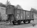 G-Wagen der Bauart G10 mit Bremserhaus im Bahnhof Vorwohle, der mit 120.000 Exemplaren einer der meist gebauten Güterwagen auf deutschen Schienen war. (09.1957) <i>Foto: Reinhard Todt</i>