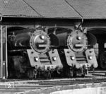 Die Zugloks aus den Schnellzügen D 1100 und D 200 sonnen sich vor dem Schuppen im Bw Bebra.  (20.04.1973) <i>Foto: Dieter Kempf</i>
