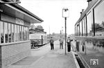 Im Bahnhof Hützel steht rechts ein OHE VT nach Lüneburg, links OHE DT 0506 nach Winsen. Der Bahnhof war ein Gemeinschaftsbahnhof der ehemaligen Kleinbahn Winsen - Evendorf - Hützel mit der Kleinbahn Lüneburg - Soltau. (13.08.1958) <i>Foto: Gerd Wolff</i>