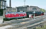 221 114 mit 44 508 und 042 241 machen sich im Bw Gelsenkirchen-Bismarck bereit, als Dsts (Dienstgüterzug) für eine Ausstellung nach Emmerich zu fahren. (24.04.1981) <i>Foto: Manfred Kantel</i>