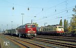 Und auch 1983 war 216 003 wieder mit einem Sonderzug rund um Köln unterwegs. Im Güterbahnhof Köln-Mülheim überholt 103 136 mit IC 125 "Erasmus" (Amsterdam - Innsbruck) den Lr. (29.10.1983) <i>Foto: Wolfgang Bügel</i>