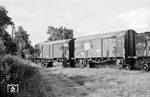 Rollwagenverkehr auf der Kleinbahn Leer–Aurich–Wittmund (LAW). Die Bahn besaß 1958 sechs Rollwagen und 12 Paar Rollböcke. (26.08.1958) <i>Foto: Gerd Wolff</i>