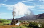 Dampf am Kap: Eine SAR 19 C mit einem Güterzug auf der Bahnstrecke Eersterivier–Protem/Bredasdorp bei Caledon am Westkap in Südafrika. (1974) <i>Foto: John Carter</i>