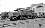 E 93 16 (AEG, Baujahr 1939) im Aw München-Freimann. Die im Jahre 1933 erfolgte Elektrifizierung der Geislinger Steige im Verlauf der Strecke Stuttgart – Ulm verlangte nach leistungsfähigen Güterzuglokomotiven. Gefordert wurde von der Reichsbahn eine sechsachsige Drehgestelllokomotive ohne Laufachsen. Sie sollte Güterzüge mit bis zu 1600 Tonnen bis Geislingen-West und im weiteren Verlauf über die Geislinger Steige zusammen mit einer Schublok bis zu 1200 Tonnen Last befördern können. In der Gegenrichtung sollten auf der Rampe von Ulm nach Beimerstetten 1100 Tonnen ohne Schublok befördert werden. Als Höchstgeschwindigkeit waren 65 km/h vorgesehen, was damals der Geschwindigkeit der Schnellgüterzüge entsprach. E 93 16 wurde 1968 noch in 193 016-3 umgezeichnet, am 07.04.1984 z-gestellt und am 31.08.1984 ausgemustert. (03.03.1959) <i>Foto: Gerd Wolff</i>