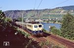 141 319 (Bw Saarbrücken) mit einem Nahverkehrszug nach Trier bei Löf an der Mosel. Auf dem gegenüberliegenden Ufer thront die Burg Thurandt oberhalb von Alken. (31.08.1991) <i>Foto: Peter Schiffer</i>