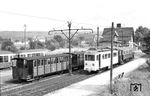 ET 01.22 (De Dietrich, Baujahr 1914) in Ittersbach. Das Fahrzeug lief zunächst bei der Müllheim-Badenweiler Eisenbahn als Nr. 22 und kam erst 1957 zur Albtal-Verkehrs-Gesellschaft (AVG). Dort wurde er 1964 ausgemustert. (11.06.1959) <i>Foto: Gerd Wolff</i>