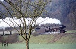 023 042-5 vor dem nur Montags mit Dampf verkehrenden N 7502 (Crailsheim ab 5.01 Uhr - Lauda an 6.45 Uhr) bei Königshofen/Baden. (28.04.1975) <i>Foto: Peter Schiffer</i>