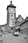 Tw 48 (Waggonfabrik Fuchs, Baujahr 1927) der Freiburger Verkehrs AG (VAG) am Schwabentor in Freiburg. (24.08.1956) <i>Foto: Helmut Röth</i>