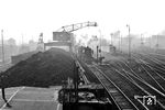 Kohlenvorräte im Bw Wanne-Eickel. Als erste Lok an der Bekohlungsanlage wartet 50 1244, dahinter eine pr. T 16.1. (12.1954) <i>Foto: Willi Marotz</i>