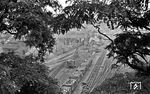 Blick vom Mainzer Eisenbahntunnel auf das Bahnbetriebswerk, in dem sogar noch zahlreiche Länderbahn-Güterzuglokomotiven auszumachen sind, die das Aufnahmejahr wohl nicht überlebt haben dürften. (08.1951) <i>Foto: A. Dormann, Slg. W. Löckel</i>