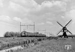 Der Mat'46 war eine Triebwagenreihe von zwei- und vierteiligen elektrischen Triebzügen der Niederländischen Eisenbahnen (NS), die nach dem Jahr der ersten Auftragserteilung benannt wurden. Sie sollte den im Zweiten Weltkrieg verloren gegangenen Bestand an Fahrzeugen wieder auffüllen. Aufgrund der ausgeprägten Form der Nase, wurden sie umgangsprachlich auch als „Muizeneus“ (Mäusenase) bezeichnet. Zwischen 1949 und 1952 wurden insgesamt 65 vierteilige Triebwagen geliefert (Plan F, G, P) und 79 zwei teilige Triebwagen (Plan F, G, M, Q) von Allan (Plan F, G, M) in Rotterdam, Beijnes Haarlem (Plan geliefert G) und Werkspoor in Utrecht (Plan F, G, P, Q). Das elektrische System kam von Heemaf in Hengelo. Das Bild zeigt zwei Mat'46-Einheiten auf der Strecke Venlo - Amsterdam. (1961) <i>Foto: Reinhold Palm</i>